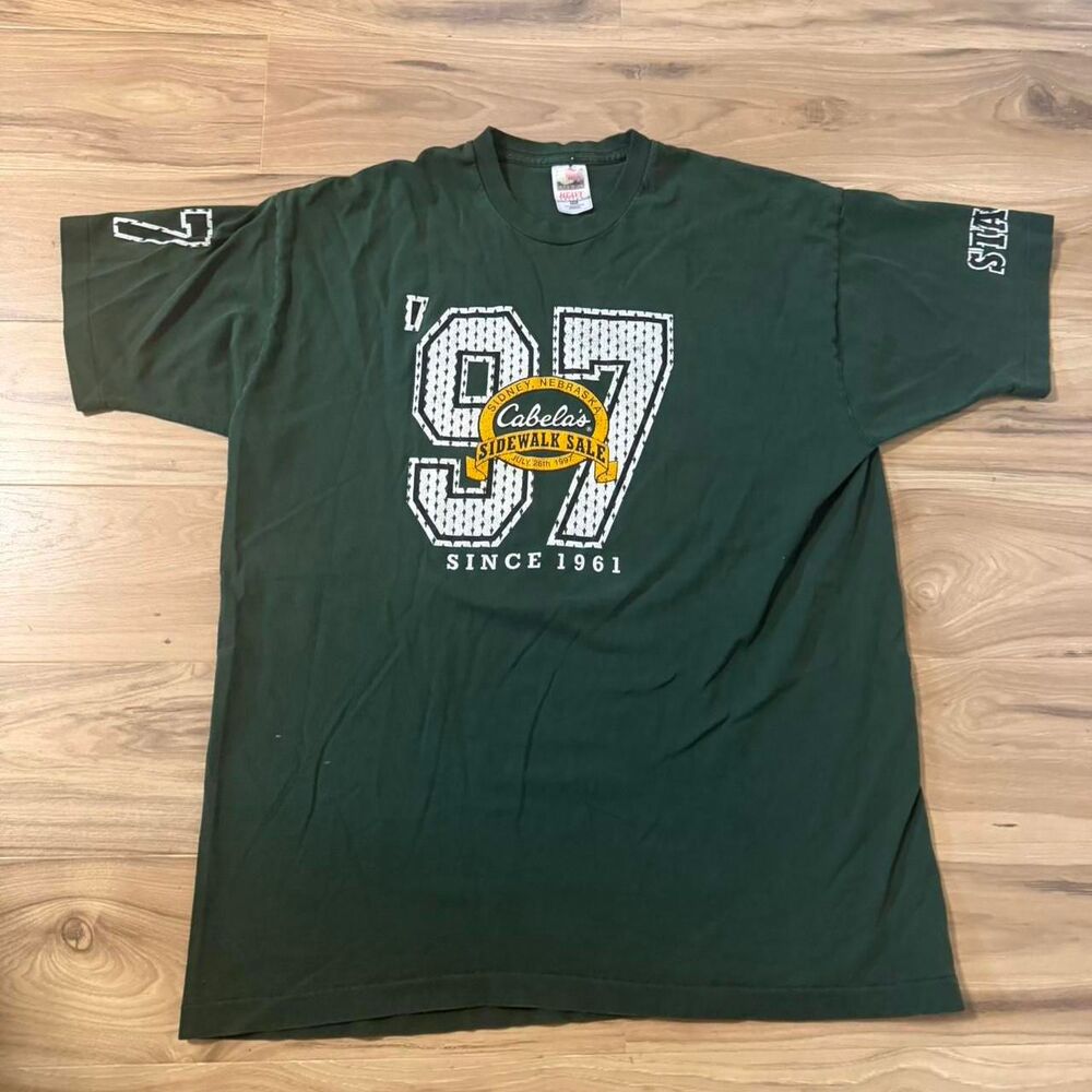 Vintage 1997 Cabela's green Sidney Nebraska Sidewalk Staff Single Stitch Tee XXL